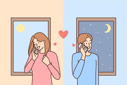 Man and woman in love are flirting on phone in different countries during trip