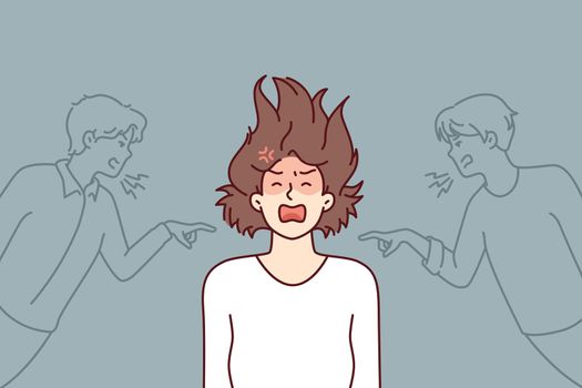 Depressed girl having panic attack and screaming after insulting two guys. Vector image