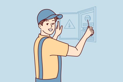 Man electrician is engaged in repair electrical appliances by opening electrical panel. Vector image