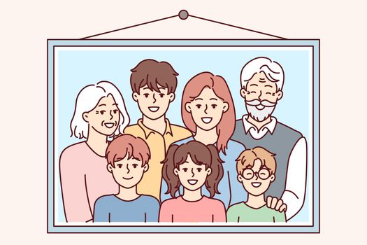 Family photo portrait in frame with children and gray-haired grandparents on wall. Vector image
