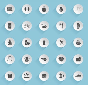 fitness vector icons on round puffy paper circles with transparent shadows on blue background. fitness stock vector icons for web, mobile and user interface design