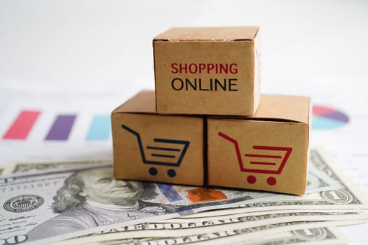 Online shopping, Shopping cart box with money, import export, finance commerce.