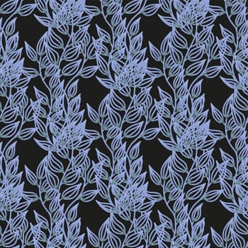 Seamless pattern with vertical pattern of leaves. Black background. Trendy design seamless with branches