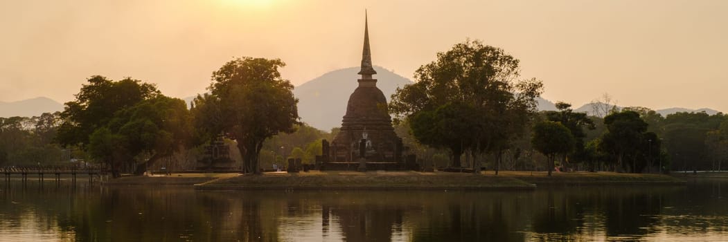 Wat Sa Si at sunset, Sukhothai old city, Thailand. Ancient city Thailand, Sukothai historical park