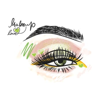 Fresh makeup with green color, festive mood, long eyelashes, love for makeup