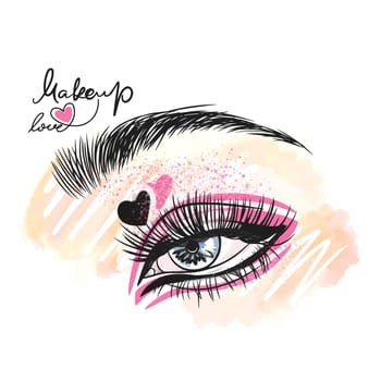 Delicate makeup in pink tones, festive mood, long eyelashes, love for makeup