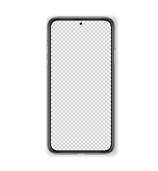 Realistic no frame smart phone with blank transparent screen. Vector mockup cell phone for ui app demonstration. Mobile device concept.
