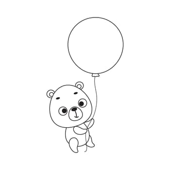 Coloring page cute little bear flies on balloon. Coloring book for kids. Educational activity for preschool years kids and toddlers with cute animal. Vector stock illustration