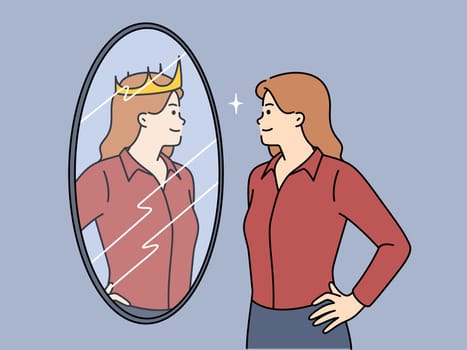 ambitious woman looks in mirror and sees own reflection with crown symbolizing success