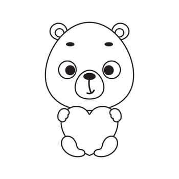 Coloring page cute little bear holds heart. Coloring book for kids. Educational activity for preschool years kids and toddlers with cute animal. Vector stock illustration