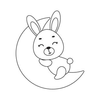 Coloring page cute little hare sleeping on moon. Coloring book for kids. Educational activity for preschool years kids and toddlers with cute animal. Vector stock illustration