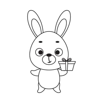 Coloring page cute little hare with gift box. Coloring book for kids. Educational activity for preschool years kids and toddlers with cute animal. Vector stock illustration