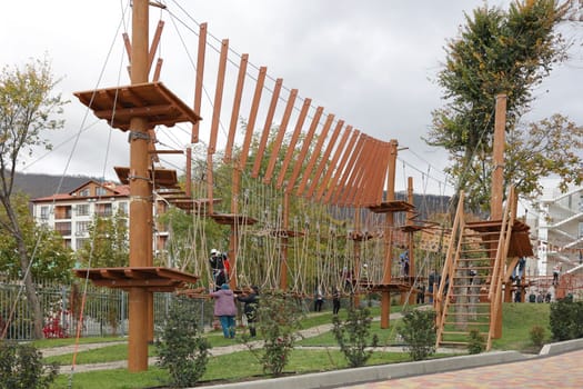 An obstacle course for children and teenagers in an adventure park