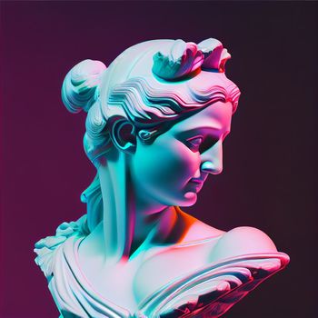 Statue neon. Gypsum statue with ancient greek sculpture . Webpunk, vaporwave, syntwave. Generative Ai