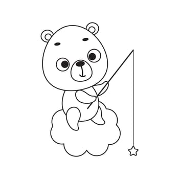 Coloring page cute little bear fishing star on cloud. Coloring book for kids. Educational activity for preschool years kids and toddlers with cute animal. Vector stock illustration