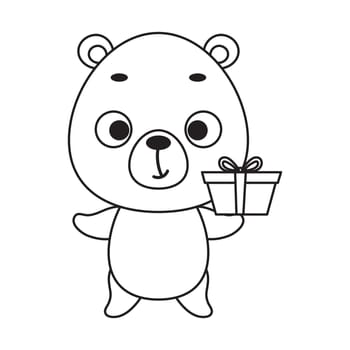Coloring page cute little bear with gift box. Coloring book for kids. Educational activity for preschool years kids and toddlers with cute animal. Vector stock illustration