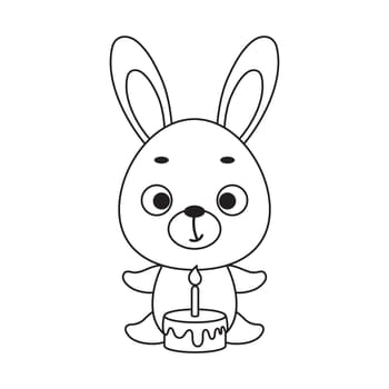 Coloring page cute little hare with birthday cake. Coloring book for kids. Educational activity for preschool years kids and toddlers with cute animal. Vector stock illustration