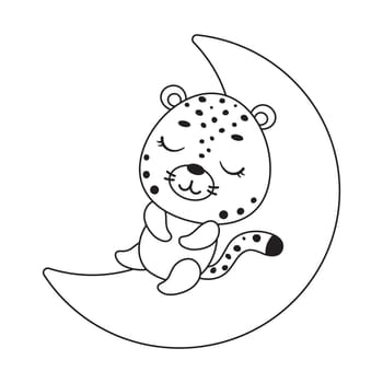 Coloring page cute little cheetah sleeping on moon. Coloring book for kids. Educational activity for preschool years kids and toddlers with cute animal. Vector stock illustration