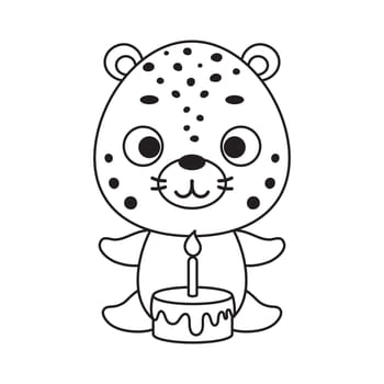 Coloring page cute little cheetah with birthday cake. Coloring book for kids. Educational activity for preschool years kids and toddlers with cute animal. Vector stock illustration