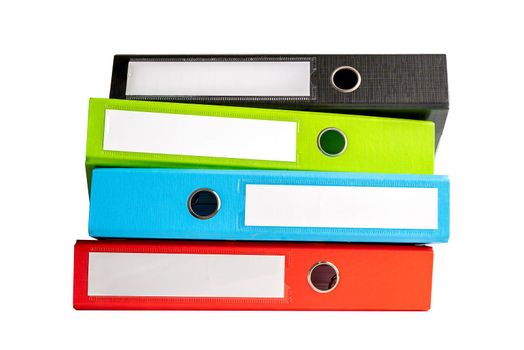 File Folder Binder stack of multi color on table in business office isolated on white background with clipping path.