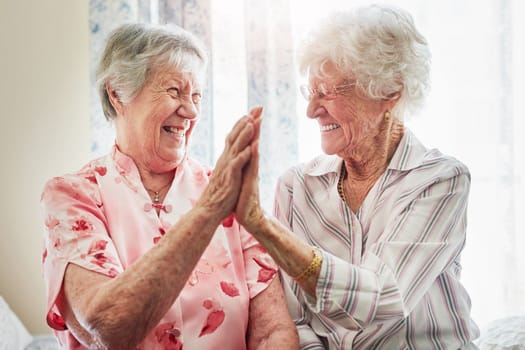 Still friends after all these years High five. two happy elderly women giving each other a high five together at home.