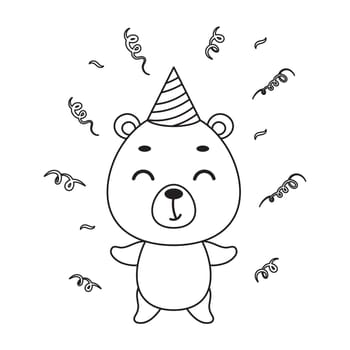 Coloring page cute little bear in birthday hat. Coloring book for kids. Educational activity for preschool years kids and toddlers with cute animal. Vector stock illustration