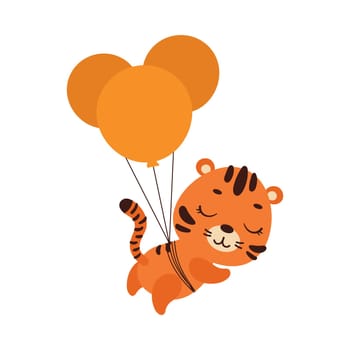 Cute little tiger flying on balloons. Cartoon animal character for kids t-shirts, nursery decoration, baby shower, greeting card, invitation, house interior. Vector stock illustration