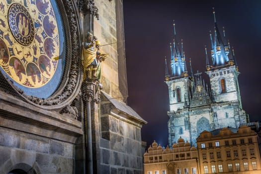 Astronomical clock, Tyn church and old town hall tower in Prague at dawn, Czech republic