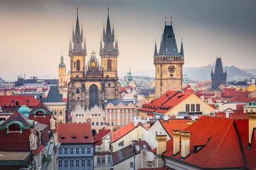Panoramic view over the cityscape of Prague at dramatic sunset, Czech Republic