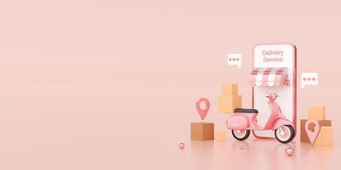 Delivery service on mobile application, Transportation or food delivery by scooter, 3d illustration
