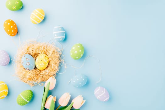 Happy Easter Day Concept. Top view of holiday banner background web design easter eggs in brown nest on white cement background with empty copy space, celebration greeting card, overhead, template