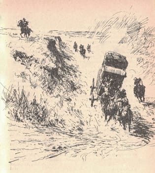 Black and white illustration shows a wild chase of a carriage in the 19th century. Drawing shows the Wild West life. Vintage black and white picture shows adventure life in the previous century