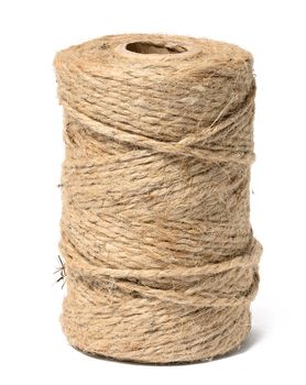 Brown thread spool on white isolated background, packaging rope