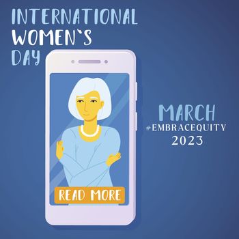 Embrace equity old woman embrace yourself in a phone 2023 poster. International womens day concept, self love, self care.