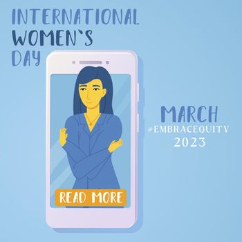 Embrace equity woman embrace yourself in a phone 2023 poster. International womens day concept, self love, self care.