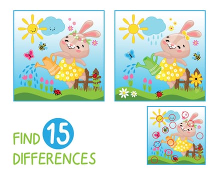game for children, Easter. Find 15 differences, rabbit is watering the flowers