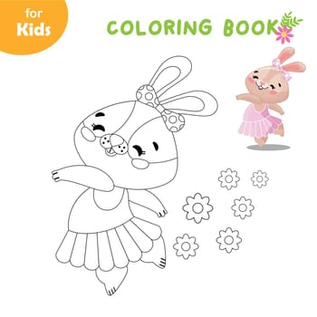 Coloring book for children. The ballerina rabbit is dancing. Easter, summer