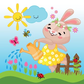 Image of a cute bunny ballerina watering flowers and dancing