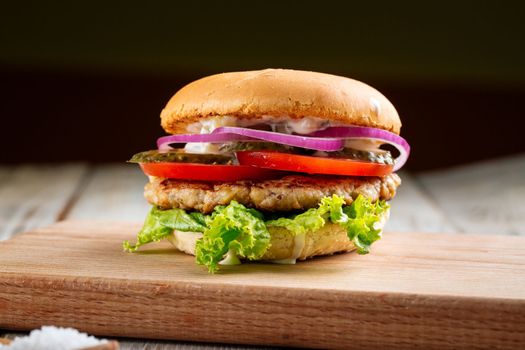 Closeup on classic hamburger with beef patty