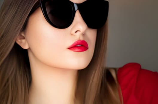 Beauty, fashion and style, face portrait of beautiful woman wearing stylish cat eye sunglasses and red lipstick make-up, luxury accessory and summer lifestyle, glamour and chic look