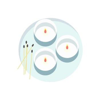 Candles round with fire and set of matches, on stand, spa treatments, aromatherapy. Vector illustration
