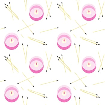Pattern with Candles, fire and matches, pink color, spa treatments, aromatherapy. Vector illustration