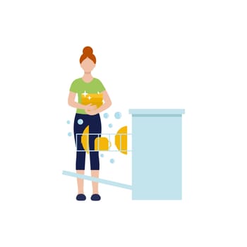 The woman is a housewife washing dishes in the dishwasher. Female vector flat character.
