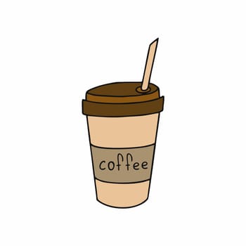 Plastic Cup with a straw and the inscription coffee. Vector Doodle illustration on the theme of fast food. Drawing for a restaurant or fast food cafe.