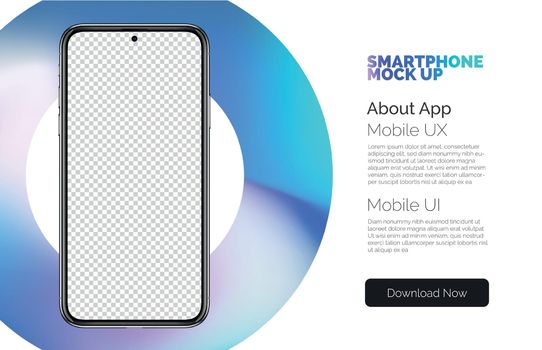 Bright smart phone mockup on colorful background. Illustration of smartphone 3d screen. Realistic smartphone front vector template in the gradient circle. 3d cell phone with blank screen