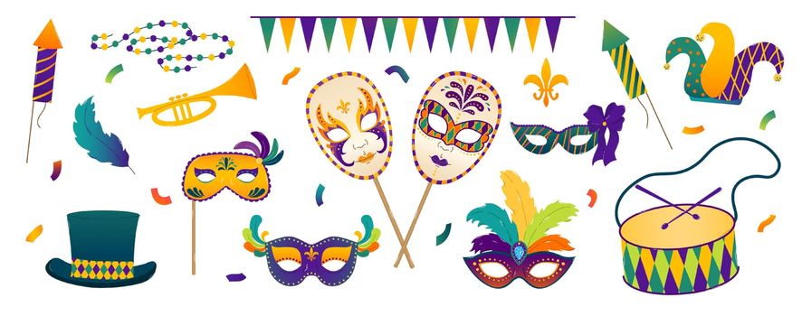 Set elements for Mardi Gras party design. Traditional masquerade items. Fat tuesday, carnival, festival. Greeting card, banner, poster. Gradient flat vector illustration