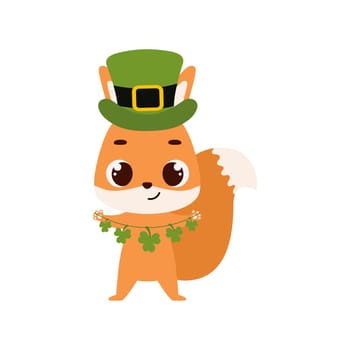 Cute squirrel in green leprechaun hat with clover. Irish holiday folklore theme. Cartoon design for cards, decor, shirt, invitation. Vector stock illustration