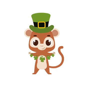 Cute monkey in green leprechaun hat with clover. Irish holiday folklore theme. Cartoon design for cards, decor, shirt, invitation. Vector stock illustration