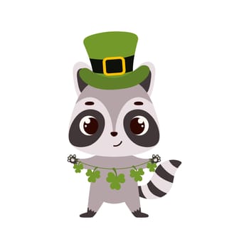 Cute raccoon in green leprechaun hat with clover. Irish holiday folklore theme. Cartoon design for cards, decor, shirt, invitation. Vector stock illustration