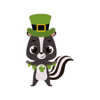 Cute skunk in green leprechaun hat with clover. Irish holiday folklore theme. Cartoon design for cards, decor, shirt, invitation. Vector stock illustration